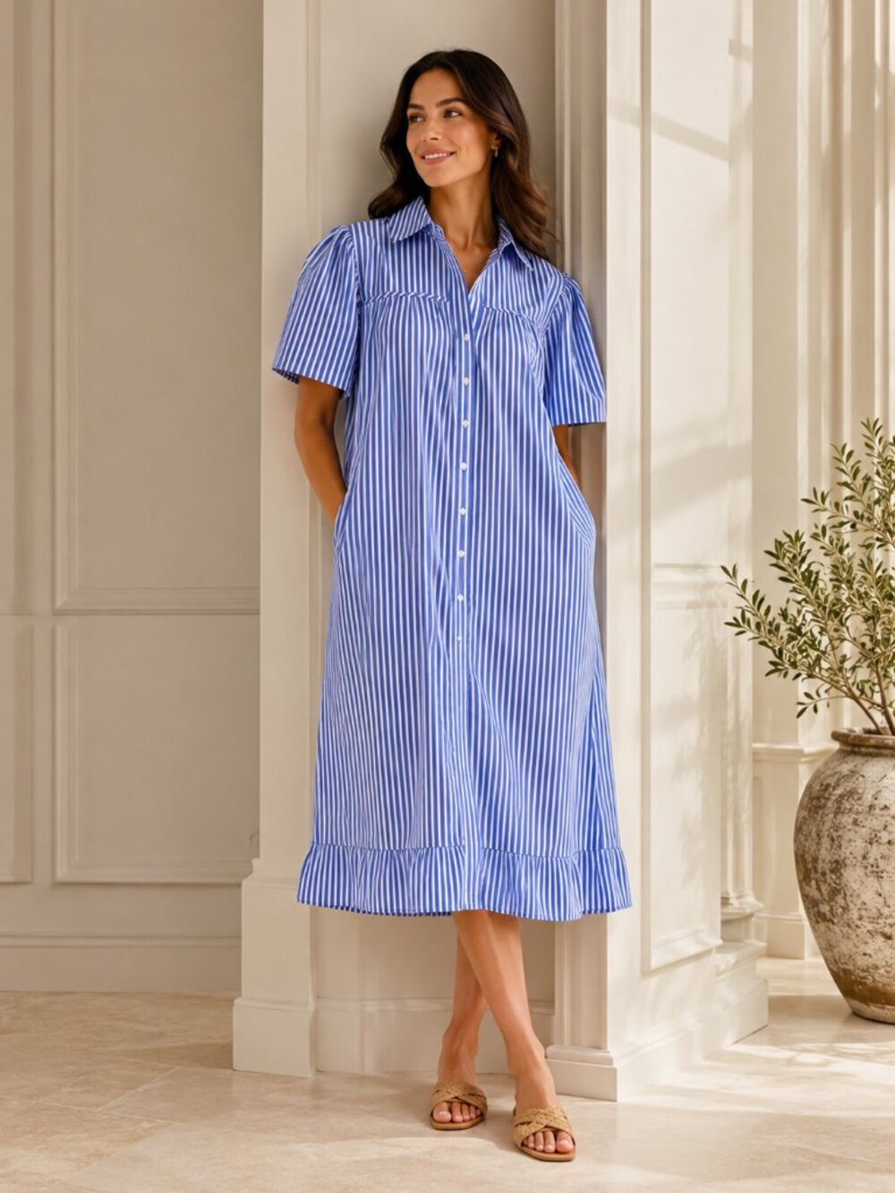 Evi Grintela Yara Striped Midi Shirtdress Medium Blue/White